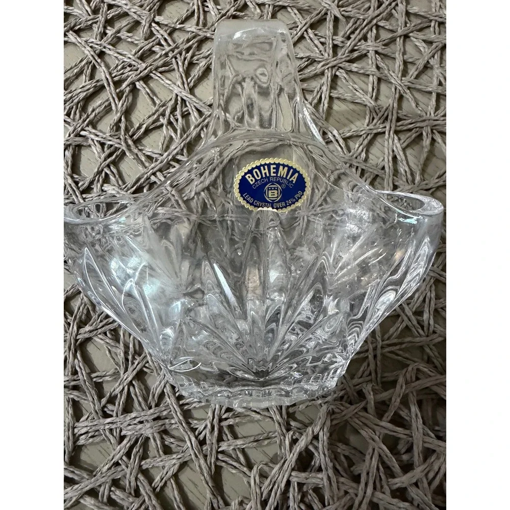 Vintage Bohemia Crystal Basket Hand Cut Glass Split Handle Made Czech Republic